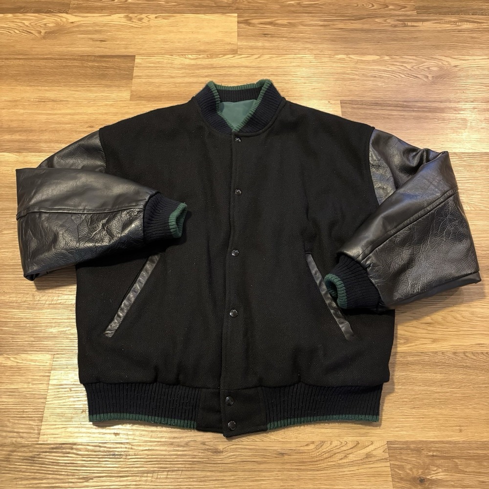 VTG‎ Urban Equipment Varsity Jacket L Wool/Leather Nylon Reversible Black Green